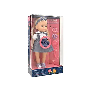 Magyarul beszélő Charlotte, farmer ruhában, 36cm
