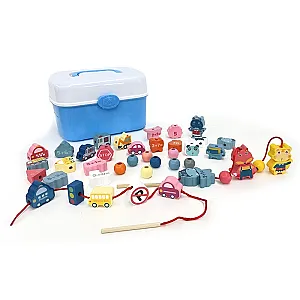 Set de înșirat mărgele din lemn în cutie de depozitare (44 piese)