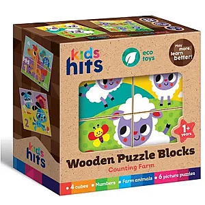Kids Hits – Cuburi puzzle din lemn, Ferma veselă