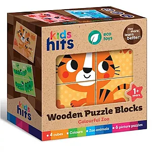 Kids Hits – Cuburi puzzle din lemn (Grădina zoologică colorată)