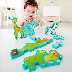 Hape Puzzle Alfabet – Puzzle din lemn cu două fețe și animale sălbatice
