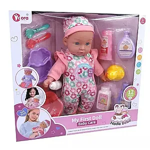 Interaktív játékbaba overálban, kiegészítőkkel – 35 cm