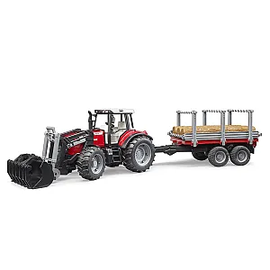 Bruder tractor forestier Massey Ferguson cu remorcă pentru transport lemn 02046