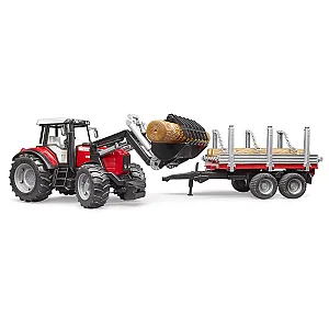 Bruder tractor forestier Massey Ferguson cu remorcă pentru transport lemn 02046