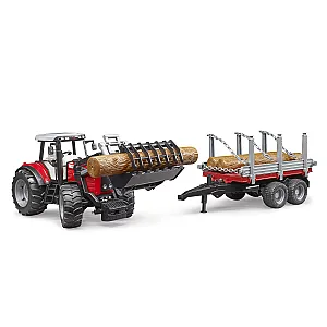 Bruder tractor forestier Massey Ferguson cu remorcă pentru transport lemn 02046