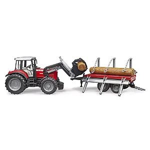 Bruder tractor forestier Massey Ferguson cu remorcă pentru transport lemn 02046