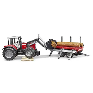 Bruder tractor forestier Massey Ferguson cu remorcă pentru transport lemn 02046