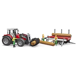 Bruder tractor forestier Massey Ferguson cu remorcă pentru transport lemn 02046